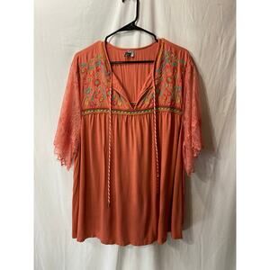 Blank London Anthropologie Top Women Rusty Coral Embroidery Cottage Bohemian 3X